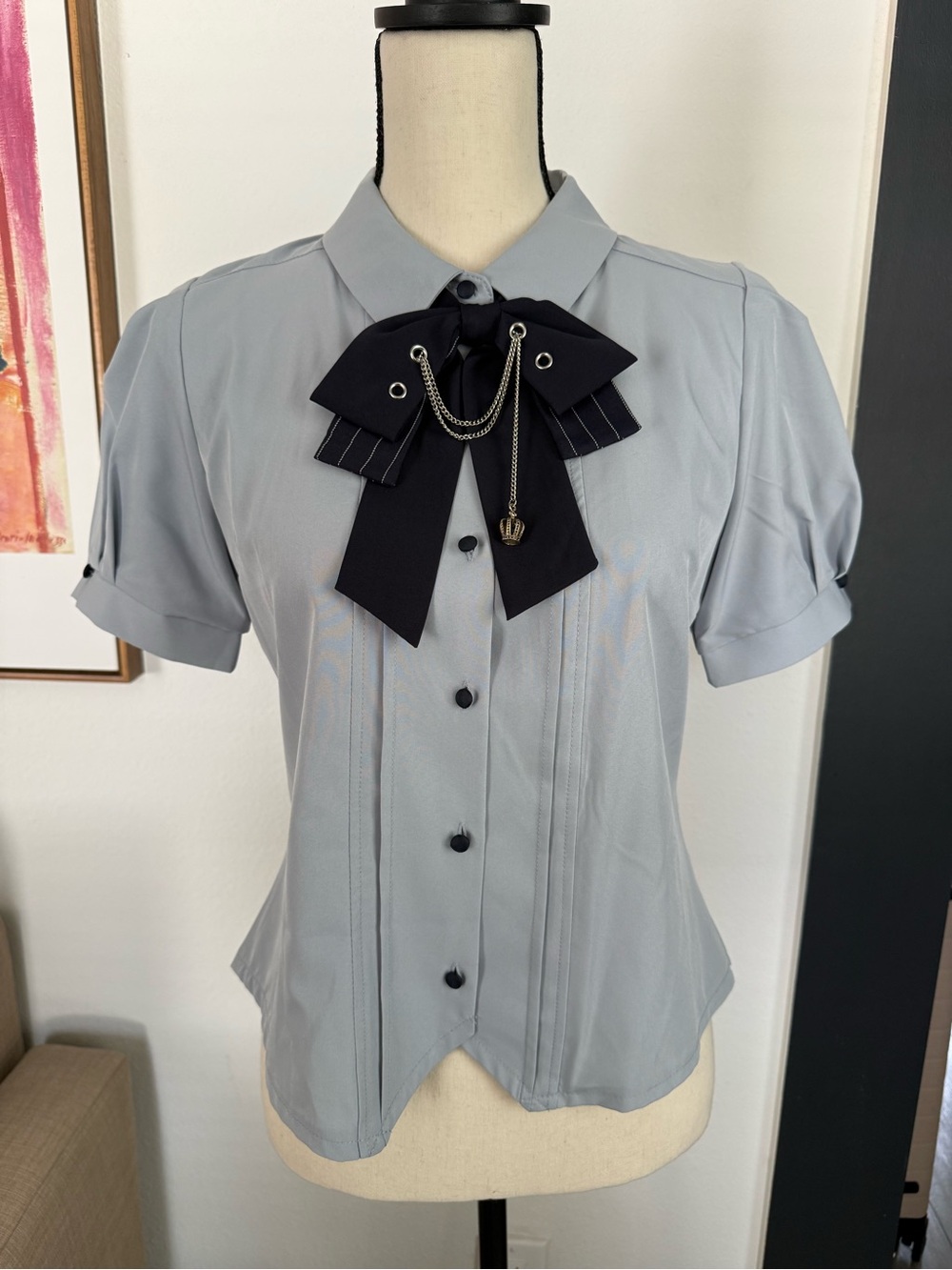 Axes Femme Japan Gray Bow Blouse S Coquette Kawaii Puff Sleeve Top